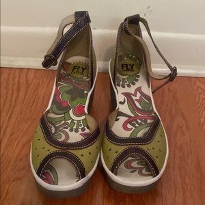 Fly London Yans Green Wedge Peep Toe Shoes